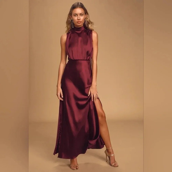 Lulus Classic Elegance Wine Satin Sleeveless Mock Neck Maxi Dress Wedding Party - Picture 2 of 11